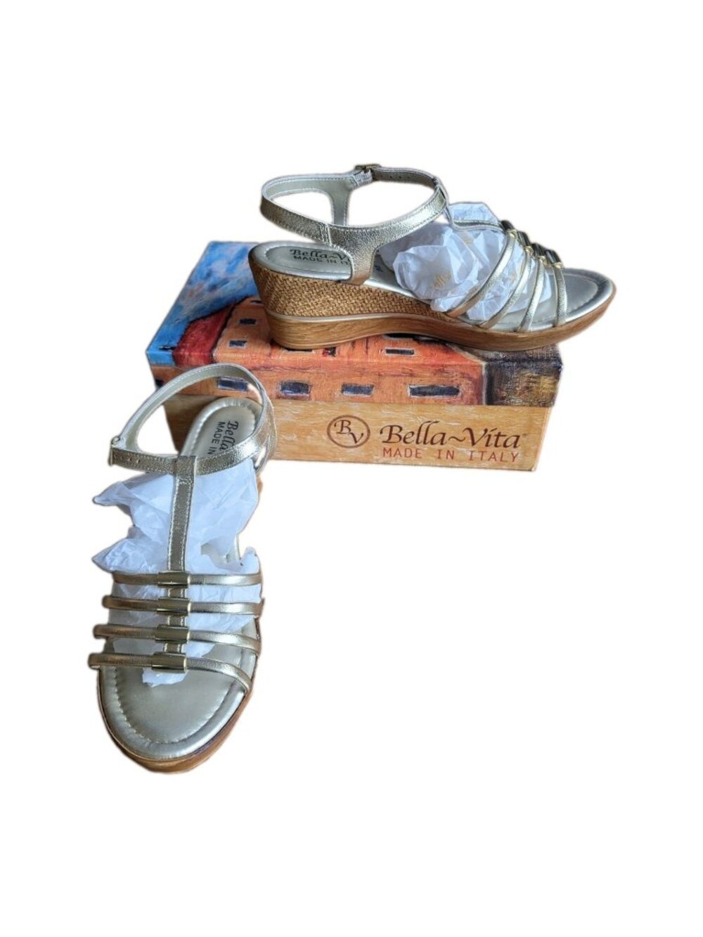Bella Vita Sandals Size 9 W Caramelle Gold Leaf Strappy Wedge Gladiator NEW